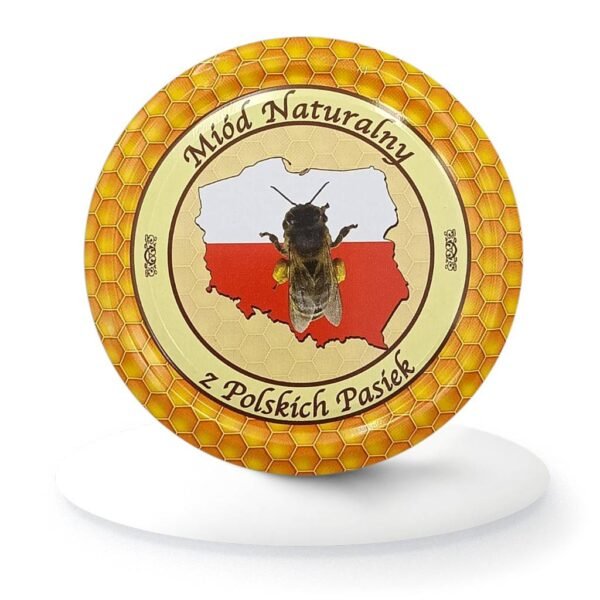Zakrętka do słoika z miodem M-15 z ilustracją pszczoły, mapą Polski i napisem "Miód naturalny z polskich pasiek"