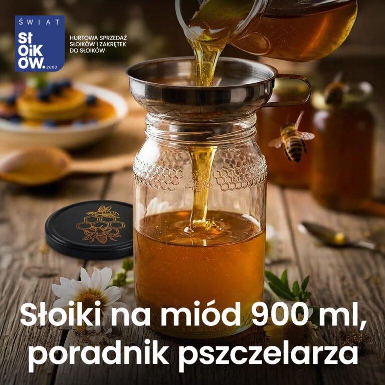 Rozlew miodu przez stalowy lejek do słoika 900 ml z tłoczeniem pszczoły, obok czarna zakrętka z motywem plastra miodu
