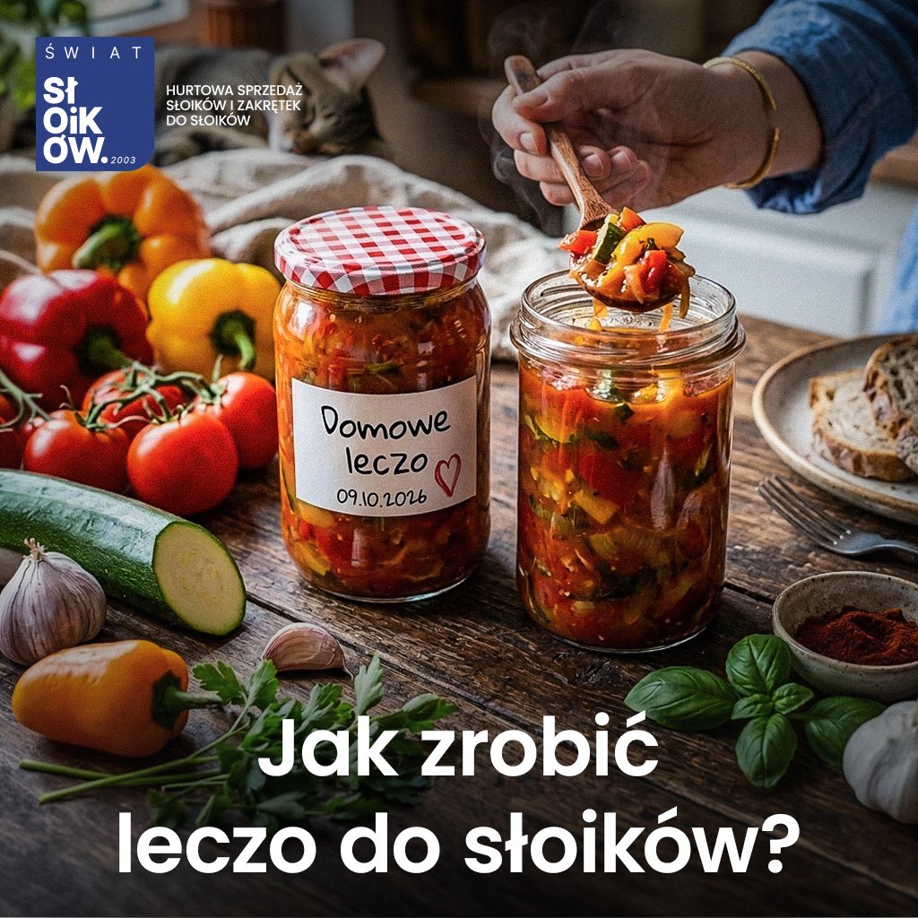 Słoik z domowym leczo z etykietą z datą i zakrętką w czerwoną kratkę, parujące leczo na łyżce i świeża papryka