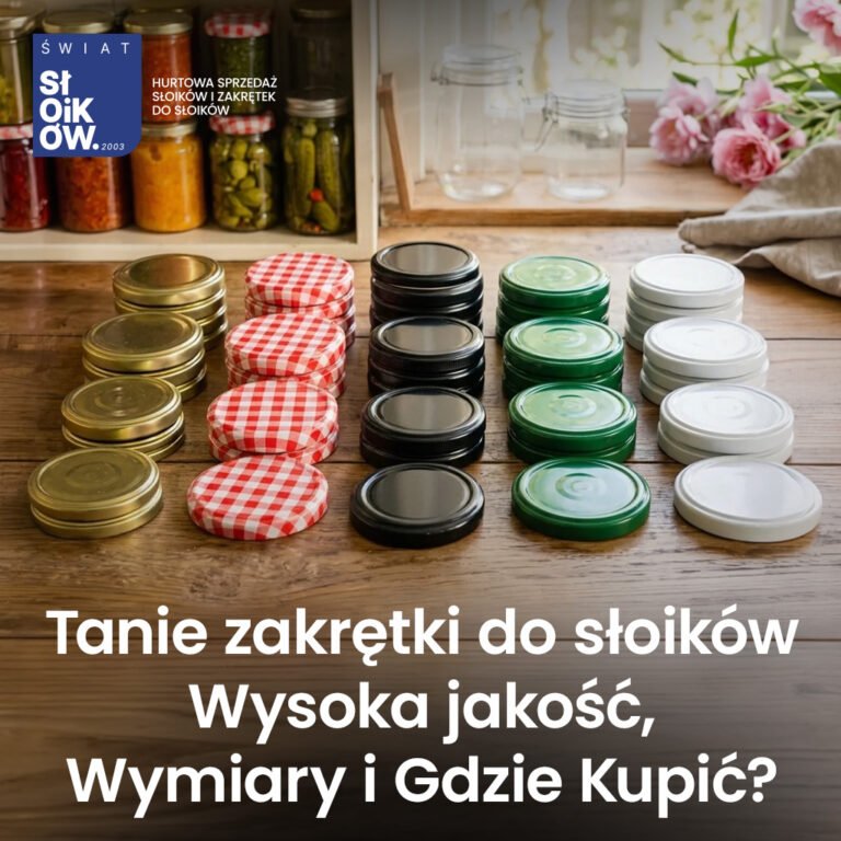 Kolorowe zakrętki do słoików twist-off ułożone w stosy na drewnianym stole kuchennym na tle słoików z przetworami